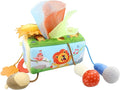 Caterbee Baby Sensory Tissue Box Toy with Hanging Hook – Pull Out Fabric Tissues, Rattle & Teether, Montessori Stroller & Car Seat Toy for Infants (Forest)