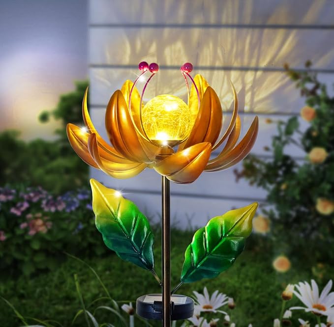 Solar Lights Wind Spinners for Yard and Garden - Metal Lotus Flower Windmills LED Crackle Glass Globe Outdoor Garden Decor Yard Art Lawn Ornament