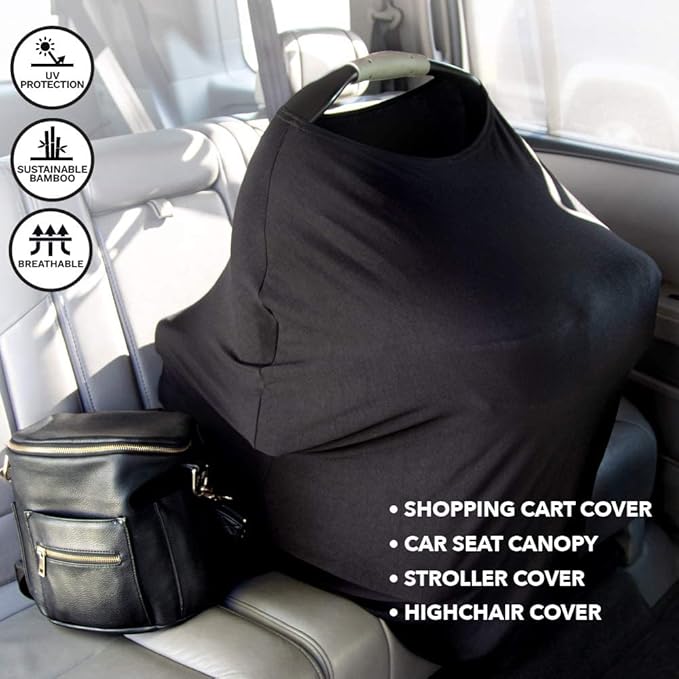 Mothera Baby Car Seat Cover Multi-use Nursing Covers for Breastfeeding Baby Must Haves for First Time Mom Infant Stroller Cover for Baby Boy or Girl, Black