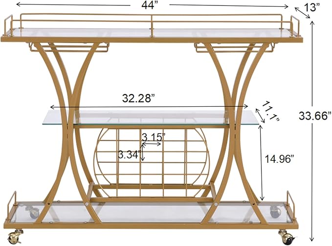 Gold Bar Carts with Glass Holders & Wine Rack,3 Tier Home Bar Serving Carts with Glass Shelves,Metal Rolling Bar Carts for The Home Kitchen, Party
