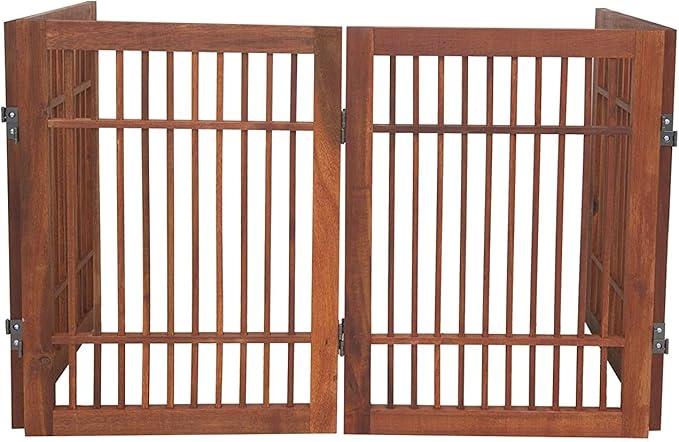 Pet Dog Gate Strong and Durable Freestanding Folding Acacia Hardwood Portable Wooden Fence Indoors or Outdoors by Urnporium (Brown Pet Gate, 4 Panel 24" Tall)