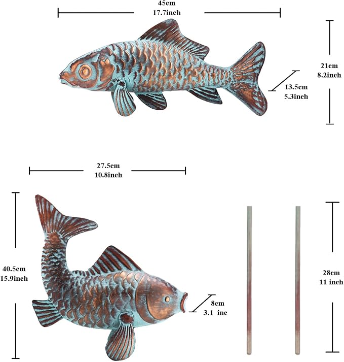 Set of 2 Koi Fish Decor Outdoor Statue Sculpture Garden Pond Fishes Yard Art Antique Copper Koi Sculptures & Statues Large Metal Koi Fish Figurine Ornaments Décor Gifts for Women Mom Grandma