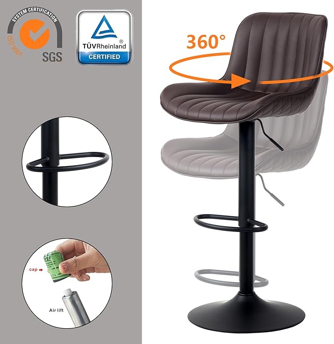 YOUNUOKE Counter Height Bar Stools Set of 2, Adjustable Swivel Stool Chairs with Back, Brown Faux Leather Upholstered, Mid-Century Modern Barstools for Kitchen Island, Dining Room, Home Bar, Bistro