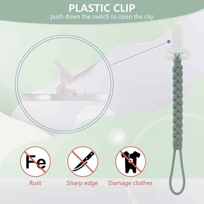 4-Pack Silicone Pacifier Clips with a Woven Rope Shape for Baby Boys and Girls - Flexible and Rust-Free Holders for Teething Relief and Baby Essentials, Safe for Newborns (Grey)