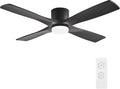 WINGBO 48 Inch Flush Mount DC Ceiling Fan with Lights and Remote, 4 Reversible Carved Wood Blades, 6-Speed Noiseless DC Motor, Hugger Ceiling Fan in Black Finish, Low Profile Ceiling Fans, ETL Listed