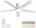 52 Inch Ceiling Fans with Lights and Remote,Flush Mount White Ceiling Fan with 5 Blades,6 Speed Reversible DC Motor,3CCT Dimmable LED-Low Profile Design for Bedroom, Living room & Covered Outdoor