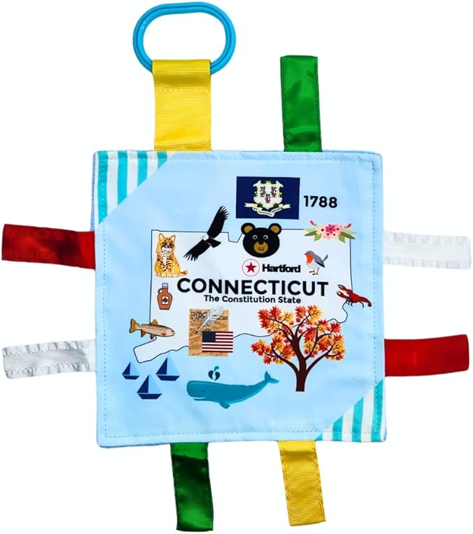Baby Jack & Co 8x8” Learning Lovey Connecticut State Tag Stroller Toy for Babies - Crinkle Toys for Developing Five Senses - Learn About Capitals - Travel with Baby Jack - BPA Free Clip