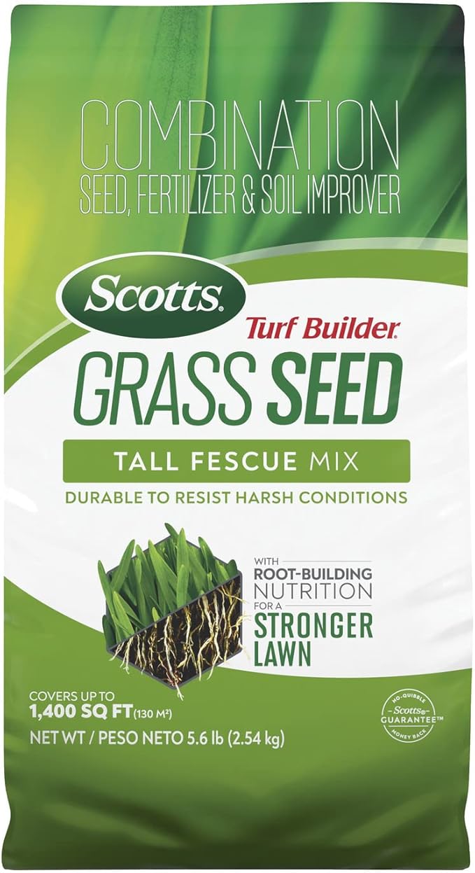 Scotts Turf Builder Grass Seed Tall Fescue Mix with Fertilizer and Soil Improver, Resists Harsh Conditions, 5.6 lbs.