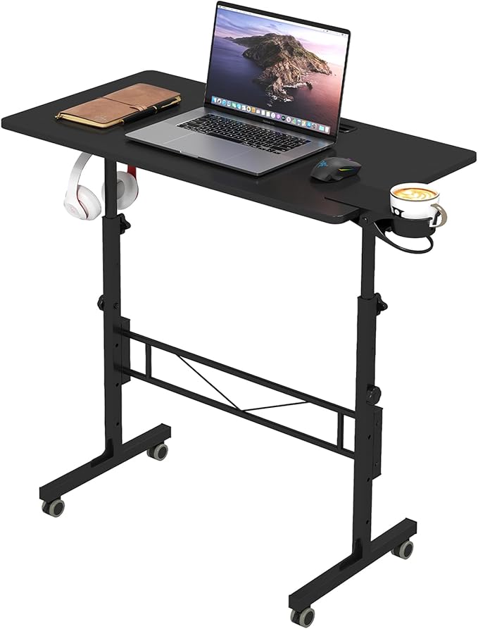 Hadulcet Small Standing Desk Adjustable Height, Mobile Stand Up Desk with Wheels, Portable Walking Pad Table Stand, Rolling Laptop Cart for Standing or Sitting, Black
