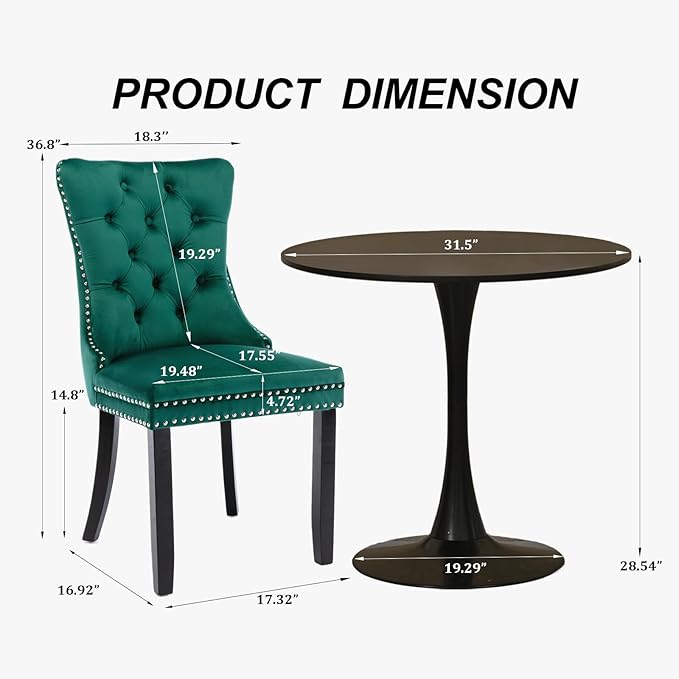 SoarFlash Kitchen Table and Chairs for 2, 31.5" Dining Table Set for 2 with Velvet Upholstered Chairs, 3 Piece Round Kitchen Table Set, Dining Room Table Set for Small Space, Apartment, Green/Black