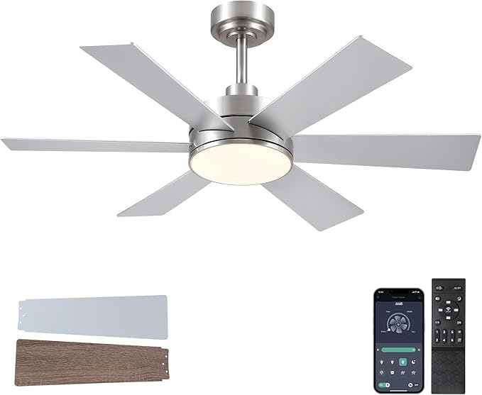 42 inch Ceiling Fans with Lights, Ceiling Fan with Remote APP, Dual-Sided Modern/Rustic 6 Blades, Reversible, 3CCT, Sloped Flush Mount Low Profile Ceiling Fan with Lights Bedroom Kitchen Indoor Nickel