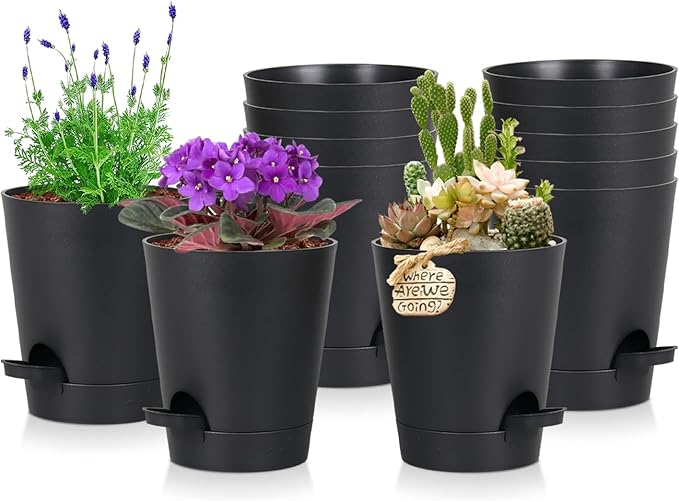 12 Pack 4 Inch Self Watering Plant Pots with Drainage and Saucers，Plastic Flower Pots for Indoor and Outdoor Plants, Nursery Planters for Houseplants and Herbs Black, 4 inch 12pcs
