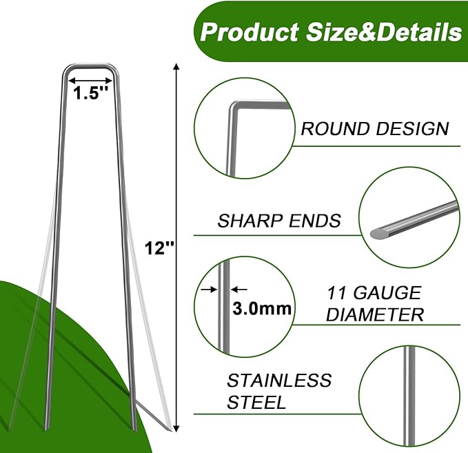 AAGUT 50 Pack 12 Inch Galvanized Garden Landscape Staples Stakes,Garden Staple U-Shaped Pins, Landscaping Staples for Sod Anchoring Landscape Fabric Irrigation Tubing