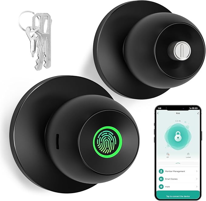 52HZ Fingerprint Door Knob with Lock, 3 in 1 Smart Finger Print Door Lock, Auto Lock, Tuya App Control & Key, Biometric Thumbprint Door Locks for Bedroom, Garage, Home & Office, Matte Black