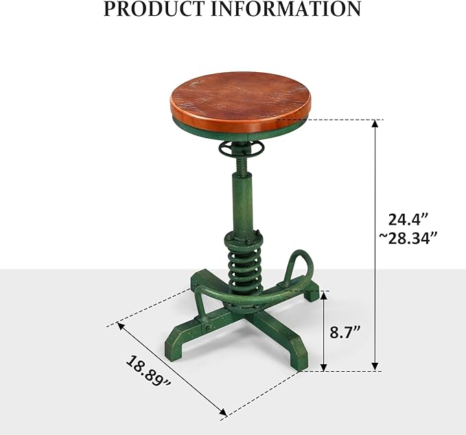 LOKKHAN American Antique Steampunk Bar Stool 24.41"-28.35" Vintage Industrial Adjustable Swivel Backless Counter Stool for Dining, Breakfast, Pub, (Heavy Duty Metal & Wood, Aged Green, Brown Top)