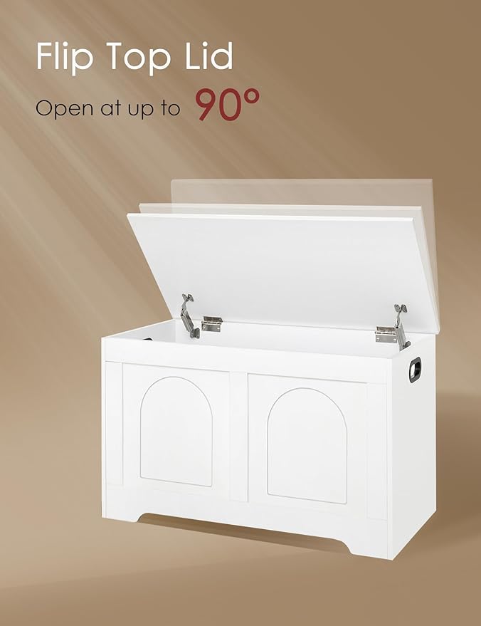 DINZI LVJ Storage Chest, 31.5”Wooden Toy Box with 2 Safety Hinges, Entryway Storage Bench with Flip-Top, Sturdy Storage Trunk for Living Room, Bedroom, Easy Assembly, White