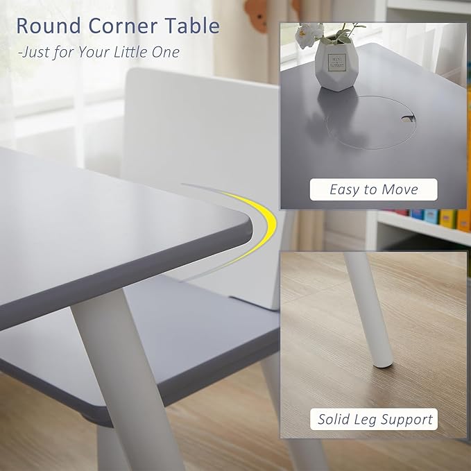 VECELO Activity Table and 2 Chair Set with Hidden Mesh Storage, Durable Playroom Furniture, Modern Design, Easy Assembly, Grey & White