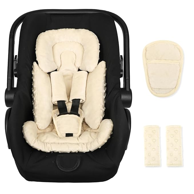 Infant Car Seat Insert Boy Girl, 3 in 1 Newborn Carseat Insert with Strap Pads, Car Seat Head Support for Baby Strollers, Swings, and Bouncers, Comfortable and Machine Washable, Beige