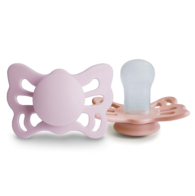 FRIGG Butterfly Anatomical SilkySoft Silicone Baby Pacifier | Made in Denmark | BPA-Free (Soft Lilac/Pretty in Peach, 0-6 Months)
