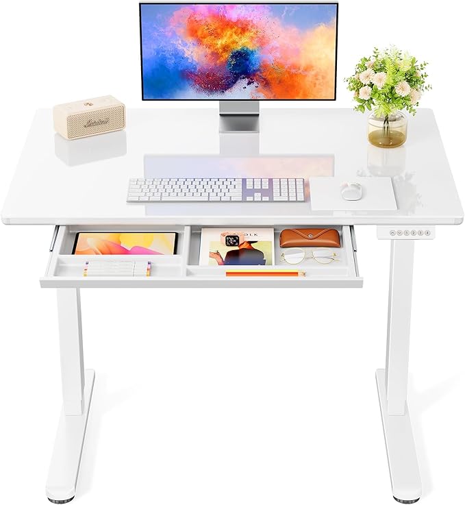 Marsail Glass Standing Desk with Drawer 37 x 22 Inches Stand up Desk Standing Desk Adjustable Height with One-Piece Tempered Glass Top, Ergonomic Home Office Desk with 4 Preset Heights White