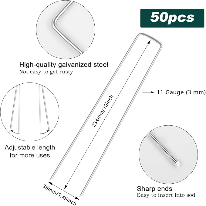 FEED GARDEN 10 Inch 50 Pack Galvanized Landscape Staples 11 Gauge Anti-Rust Garden Stakes Landscaping Fabric SOD Pins Yard Stakes for Weed Barrier Fabric