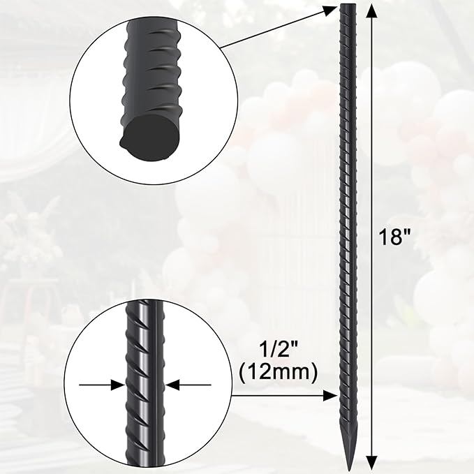 Straight Rebar Stakes 18 Inch 16 Pack Heavy Duty Steel Ground Stakes 1/2 Inch Diameter Landscape Timber Spikes with Chisel Point End for Plant Support, Concrete Form and Fence, Black