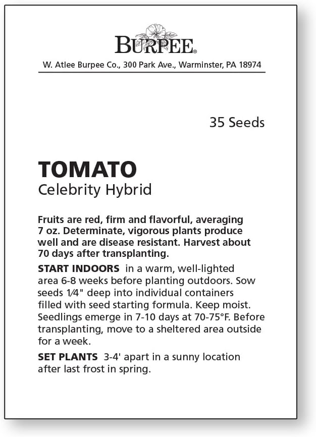 Burpee 'Celebrity' Hybrid Red Tomato Slicer 35 Non-GMO Seeds for Planting Disease-Resistant and Award-Winning Variety Big Juicy Tomato for Summer Sandwiches