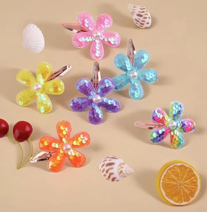 2Pcs Sequins Flower Hair Clips for Girls Cute Snap Hair Clips with Pearl Hair Barrettes Spring summer Hair Accessories Birthday Party Supplies (Purple;)