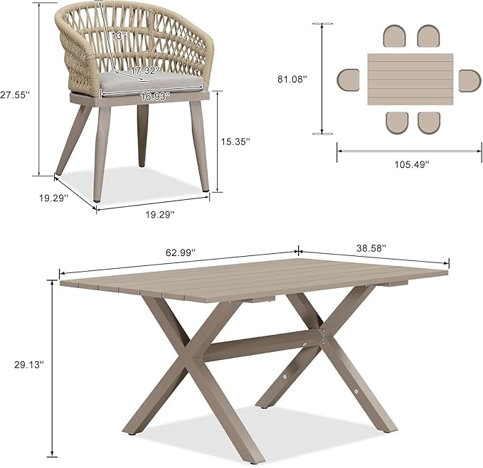 PURPLE LEAF 7 Pieces Outdoor Dining Set All-Weather PE Rattan Outdoor Patio Rurniture Set with All Aluminum Frame Rectangular Table and Chairs Set for Lawn Garden Backyard Deck, Champagne