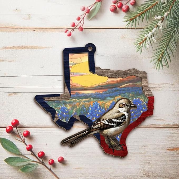 FLAGWIX Christmas Texas Gifts for Women Men - Suncatcher Ornaments for Tree Decorations - Christmas Ornaments Decor Indoor, Texas State Gifts for Family Mom Dad Family Friends, Mockingbird Decoration