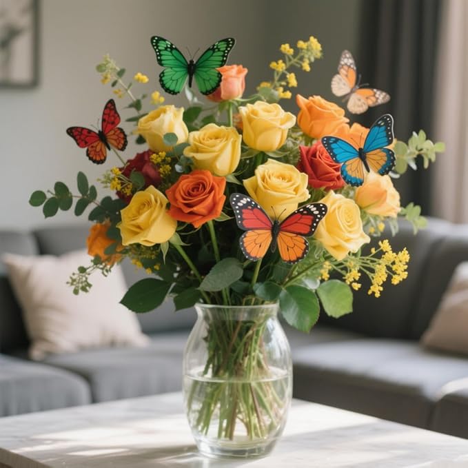 24pcs Butterfly Garden Posts - Colorful Metal Butterfly Decorations for Outdoor Gardens, courtyards, Flower beds, Indoor planters, Party Decorations - Waterproof Material