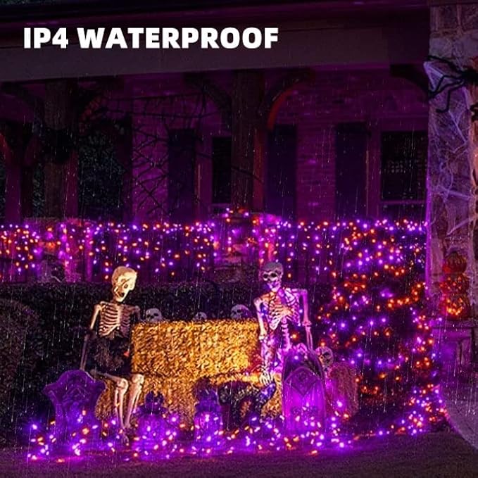 Purple and Orange Solar Halloween Lights Outdoor, Total 80 FT 240 LED Solar Powered Waterproof Fairy Lights 8 Modes Copper Black Wire Lights for Halloween Party Tree Wedding Yard Decorations, 2 Pack