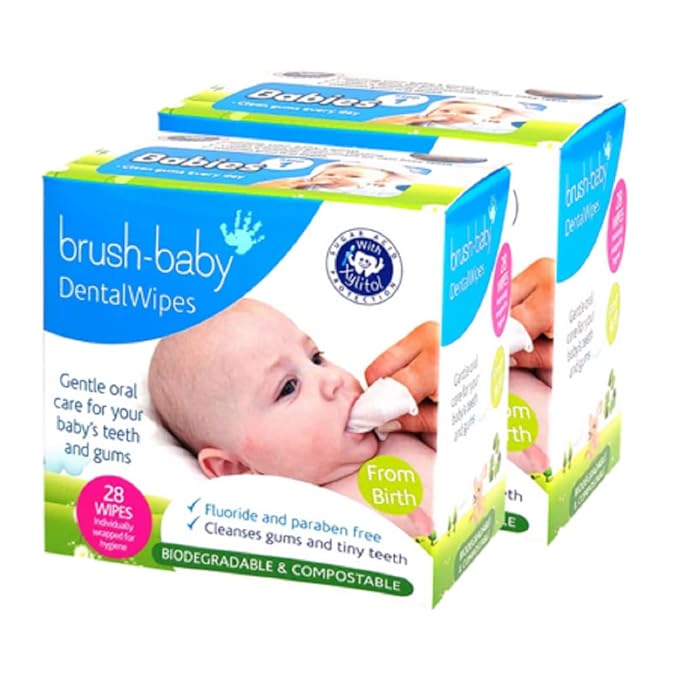 Brush Baby Teething Relief Dental Wipes for Ages 0-Toddler - Naturally Eliminate Teething Pain, Prevent Tooth Decay and Sour Milk Breath - 28 Finger Wipes (2-Pack)