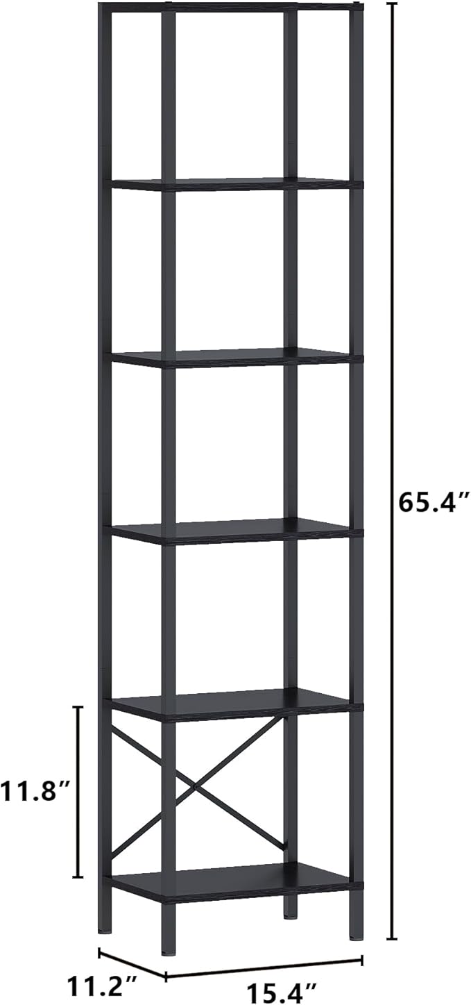 6-Tier Bookshelf, Tall Narrow Bookcase with LED Lights, Book Shelf with Steel Frame, Display Storage Shelf for Living Room, Bedroom, Home Office, Study, Balcony, Black