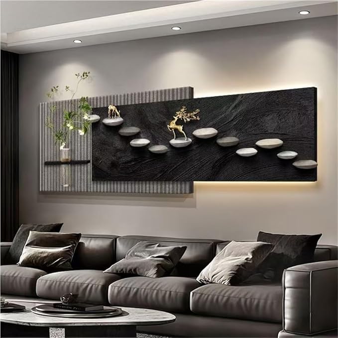 3D Sandstone Texture LED Wall Art with Vase, Plug-in Auspicious Modern Meditation Wall Hanging Sculpture, Minimalism Artwork Decor for Living Room Bedroom Meditation Space(B,120x40cm)