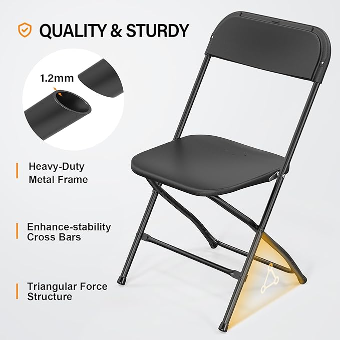 VINGLI 4 Pack Black Plastic Folding Chair, Indoor Outdoor Portable Stackable Commercial Seat with Steel Frame 350lb. Capacity for Events Office Wedding Party Picnic Kitchen Dining