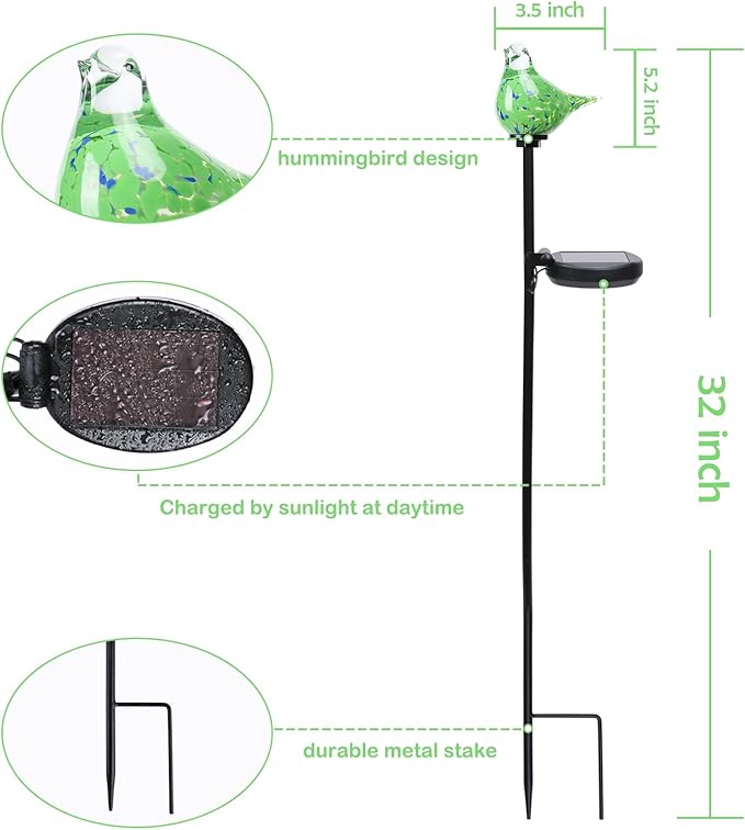Afirst Solar Outdoor Lights Decorative Hummingbird Garden Stake Handblown Glass Stakes Outdoors Waterproof for Garden Pathway Decoration 2 Packs