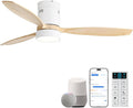 Sofucor 52 Inch Smart Ceiling Fans with Light and Remote-Modern Smart Solid Wood Ceiling Fan with Alexa/Google/APP/Remote Control for Bedroom Living Room Indoor Outdoor Patio,Qiute DC Motor,White&Wood