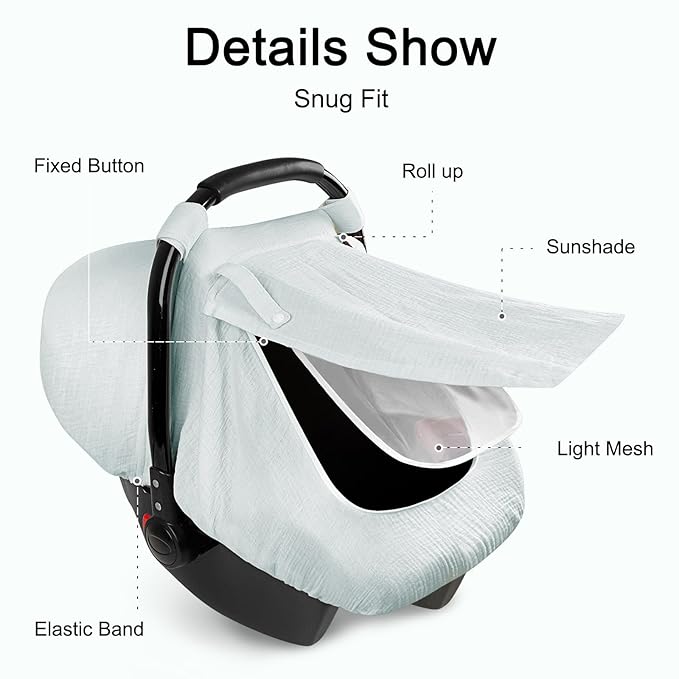 Muslin Car Seat Covers for Babies, Summer Baby Car Seat Cover for Boys Girls with Breathable Window, Lightweight Infant Car Seat Canopy, Gray