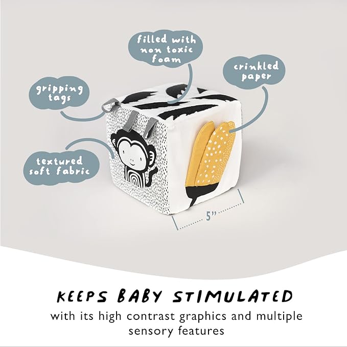 Wee Gallery Soft Block, Baby Sensory Toy with High-Contrast Graphics, Organic Soft Fabric Soft Blocks, Crinkle Flap and Textures, Tummy Time Activity for Babies and Toddlers - Baby Animals