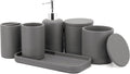 ZCCZ Gray Bathroom Accessories Set 6 Pieces - Toothbrush Holder, Lotion Dispenser, Qtip Container, Vanity Tray, Tumbler - Countertop Organizer for Bathrooms - Elegant and Functional Décor Set