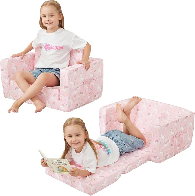 Viviland Kids Chairs for Toddler,2-in-1 Soft Toddler Couch Fold Out,Convertible Soft to Lounger Toddke Chair Comfy for Girls and Boys,Pink Unicorn