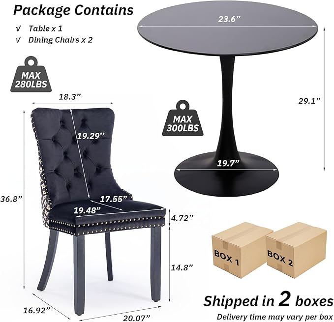 SoarFlash Kitchen Table and Chairs for 2, 24" Dining Table Set for 2 with Velvet Upholstered Chairs, 3 Piece Round Kitchen Table Set, Dining Room Table Set for Small Space, Apartment