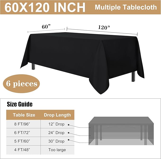 sancua 6 Pack Black Tablecloth 60 x 120 Inch, Rectangle Table Cloth for 8 Feet Tables - Stain and Wrinkle Resistant Washable Polyester Table Cover for Dining Tables, Buffet Parties and Camping