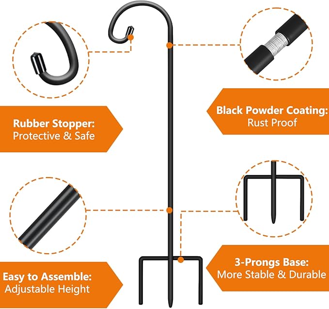 Gtongoko 32 Inch Shepherds Hooks for Outdoor 4 Pack Garden Hooks for Hanging Plants, Lanterns, Bird Feeders, Solar Lights, Mason Jars, Weddings Decor, Adjustable, Matte Black