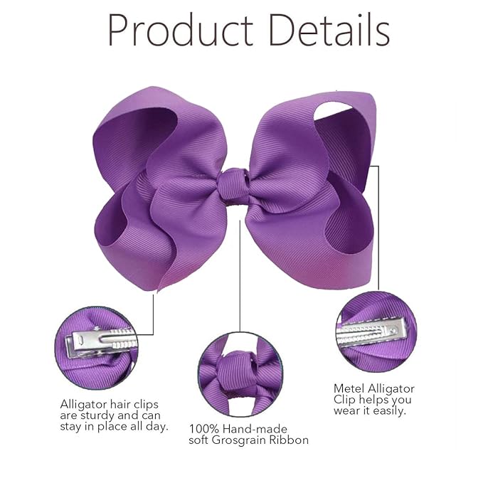 Purple Bows for Girls,6PCS Hand-made Grosgrain Ribbon Hair Bows Alligator Clips Hair Accessories for Little Teen Toddler Girls Kids (Purple)