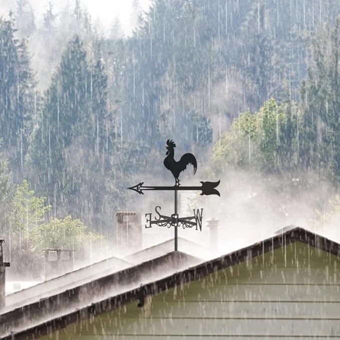 Rooster Weathervane Silhouette Art Black Metal Cock Wind Vanes Indicator Kit Outdoor Bracket for Garden Roof Yard Building (C)