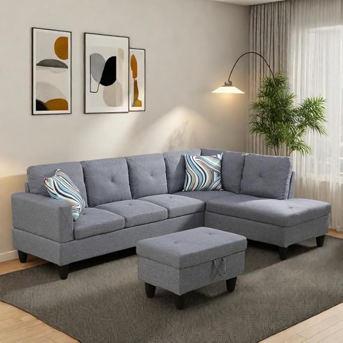 NAYSAYE L Shaped Couch, Modular Sectional Couch with Ottoman Storage, Modern Lounge Sofa Convertible Sectional Couches for Living Room, Apartment, Grey