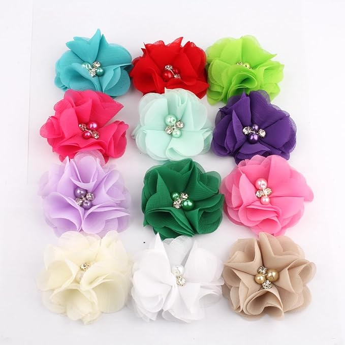 50 Pcs 2" Mini Chiffon Flowers with Rhinestones for Baby Girls Hair Accessories Artificial Fabric Flowers for Headbands Craft Projects (Pink)
