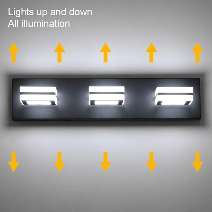 Ralbay Matte Black Vanity Light Fixtures 3 Lights Up and Down LED Modern Bathroom Vanity Lights Over Mirror Acrylic Black Bath Wall Lighting